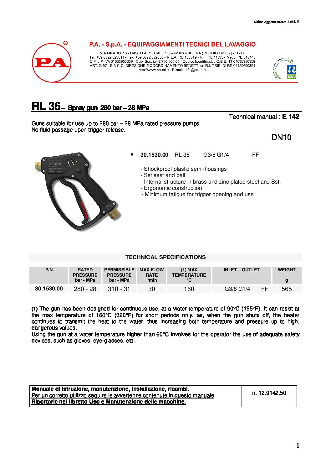 PA RL36 spray gun technical information