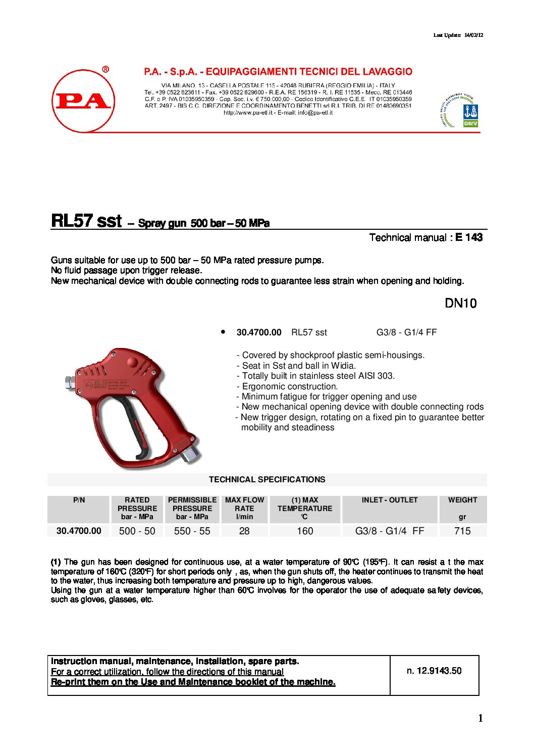 PA RL57 Stainless Steel spray gun technical information