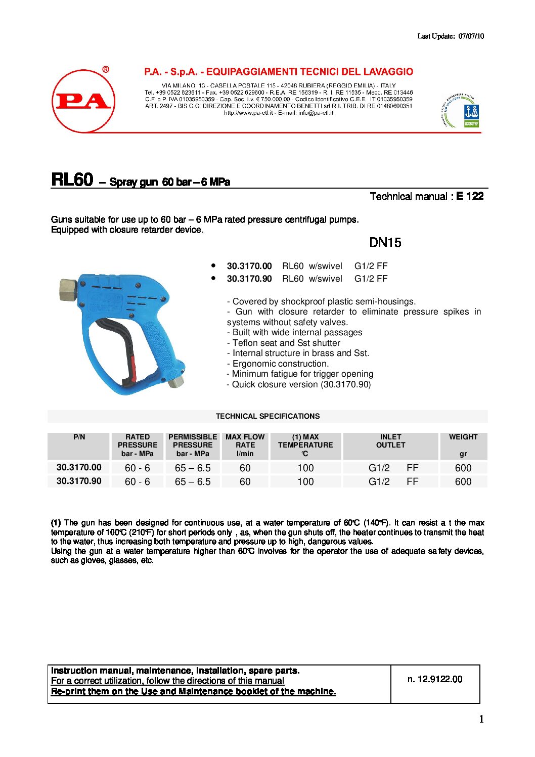 PA RL60 spray gun technical information