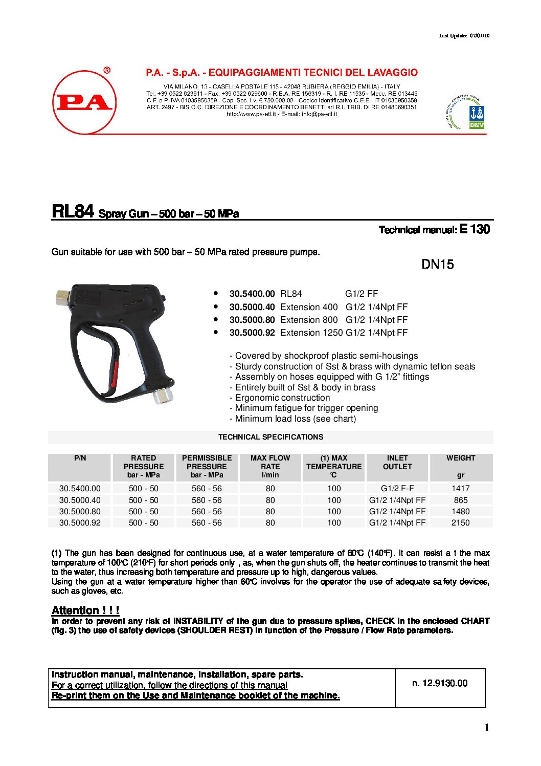 PA RL84 Spray gun technical information