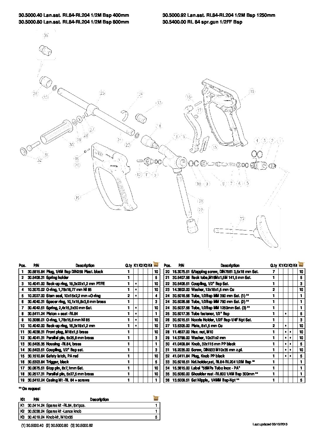 PA RL84 / RL19 / RL204 Stainless Steel Extension parts breakdown
