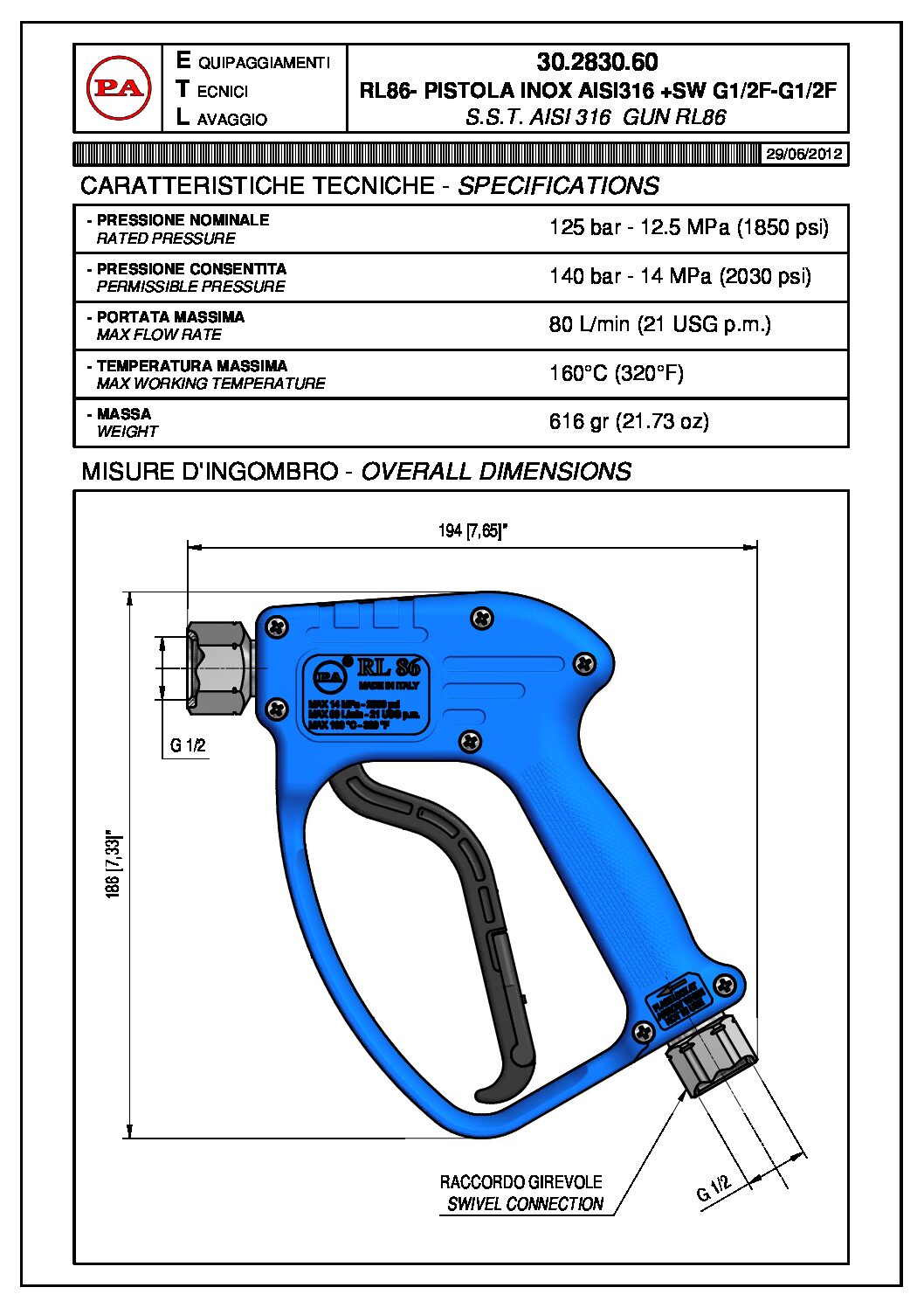 PA RL86 Stainless Steel spray gun technical information