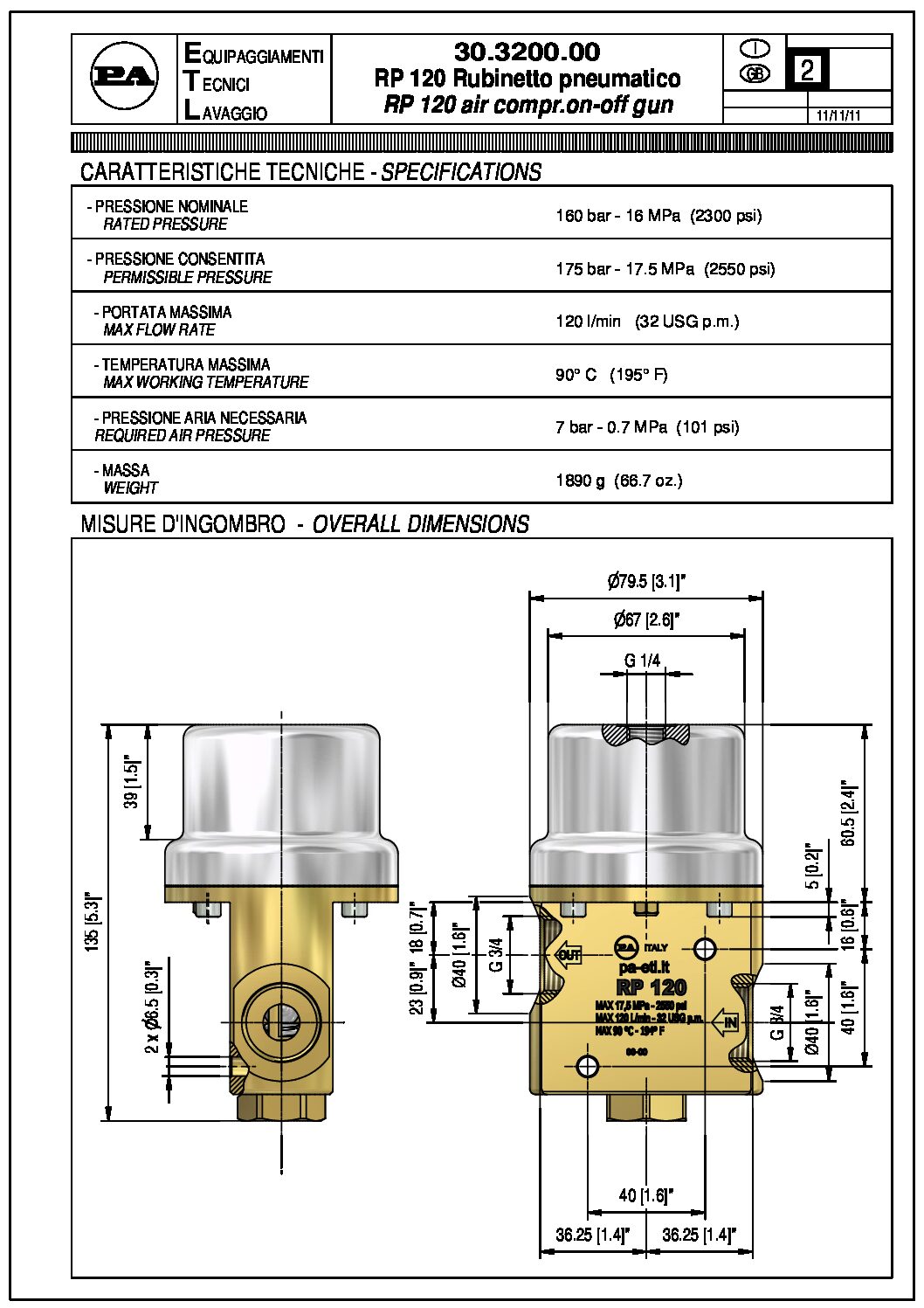 PA RP120 Pneumatic Spray Gun technical information