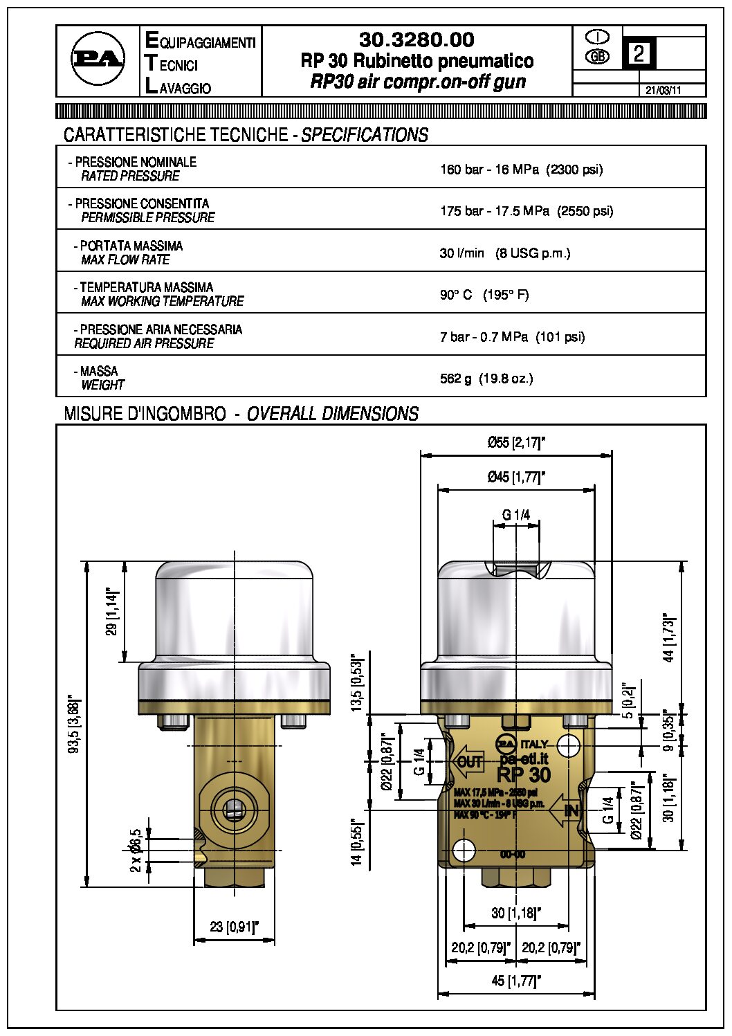 PA RP30 Pneumatic Spray Gun technical information