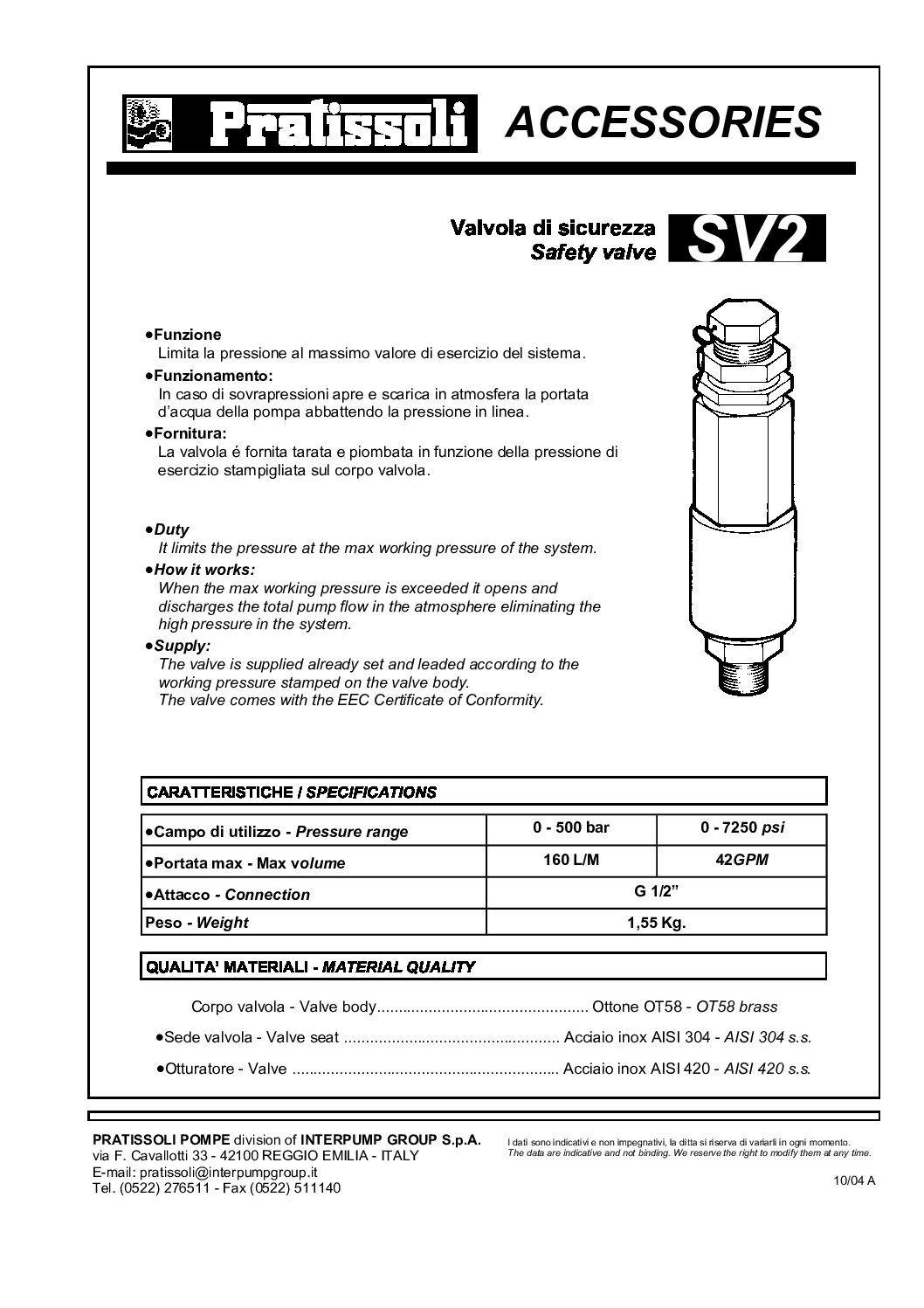 Pratissoli SV2 Safety valve Data sheet