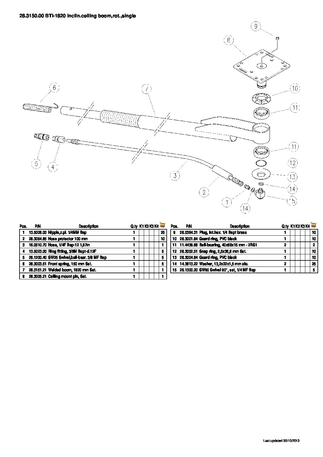 PA Single Rotating Inclined Ceiling Boom parts breakdown