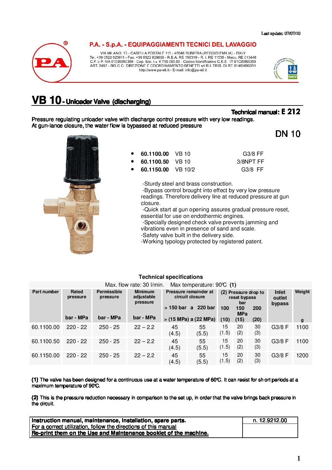 PA VB10 Unloader technical manual