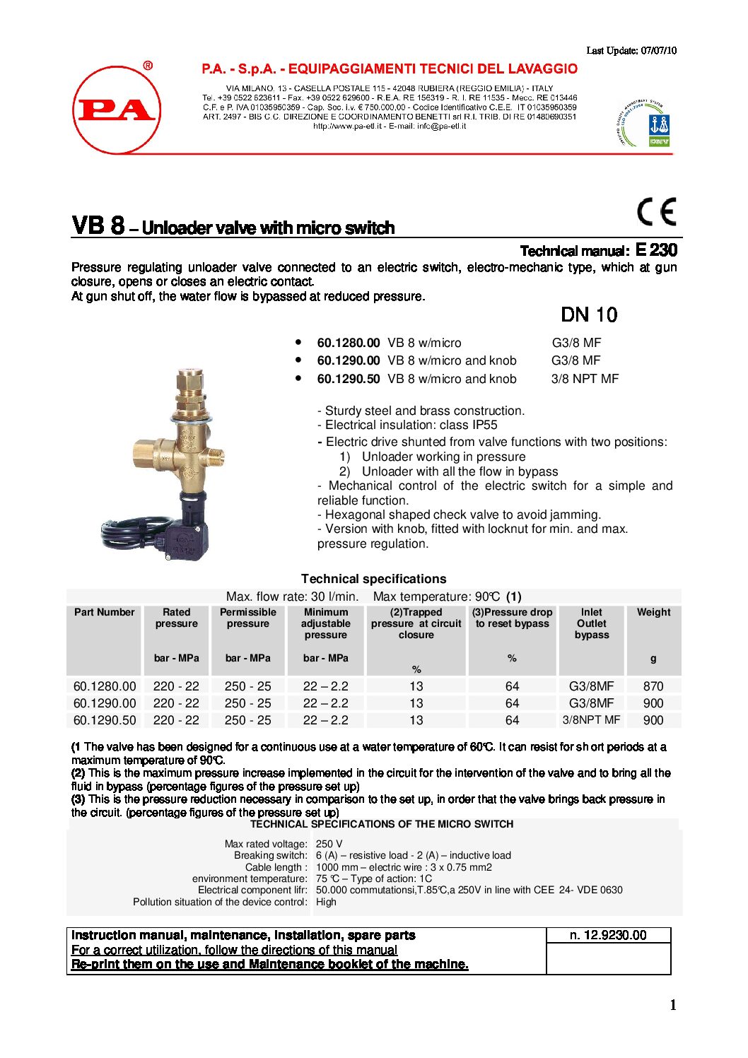 PA VB8 with micro switch technical manual