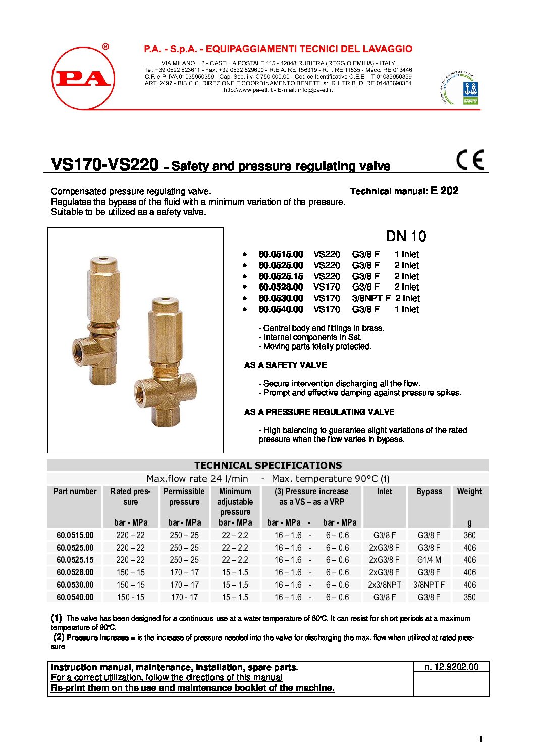 PA VS170 & VS220 safety valve technical manual