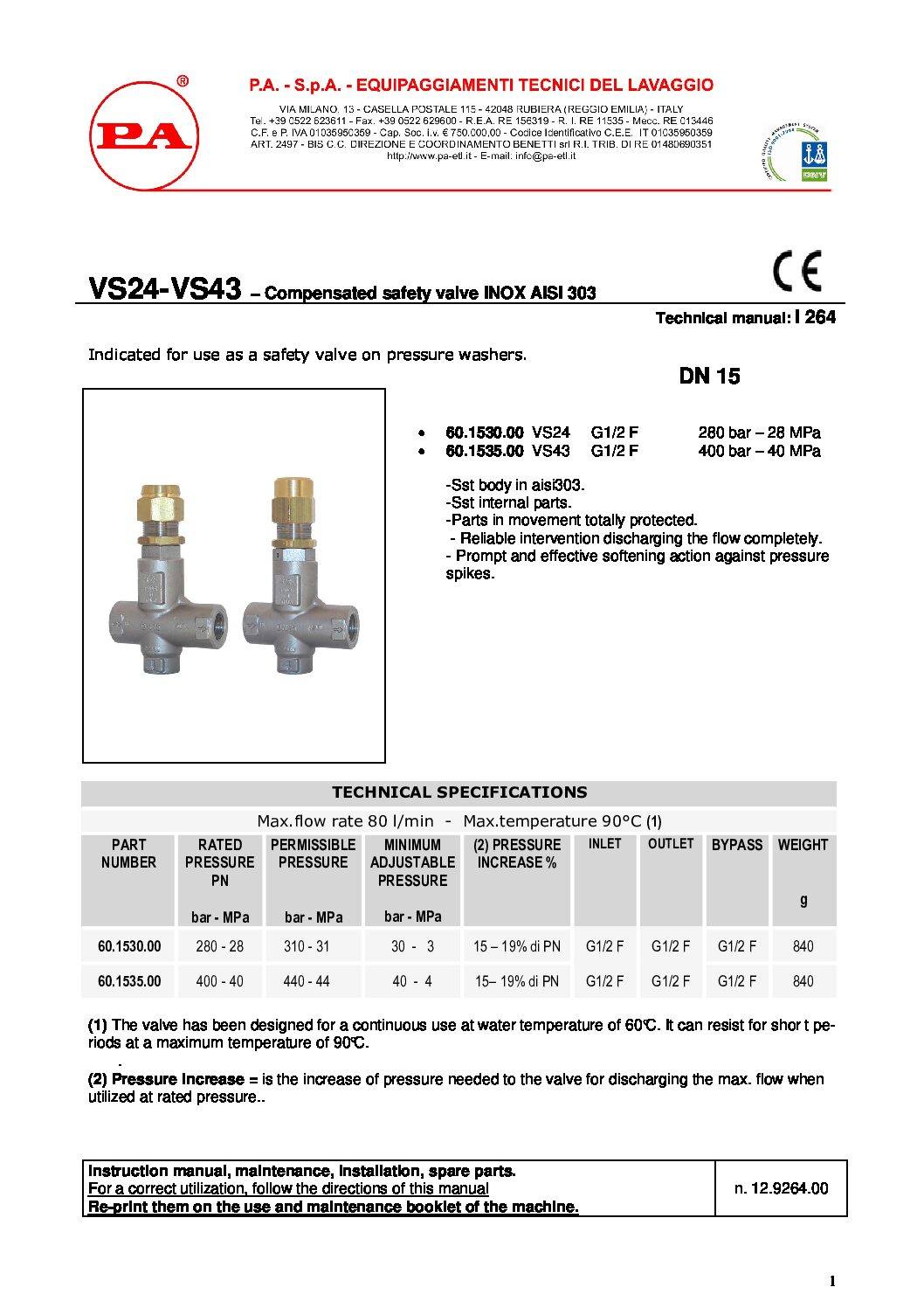 PA VS23 & VS43 safety valve technical manual