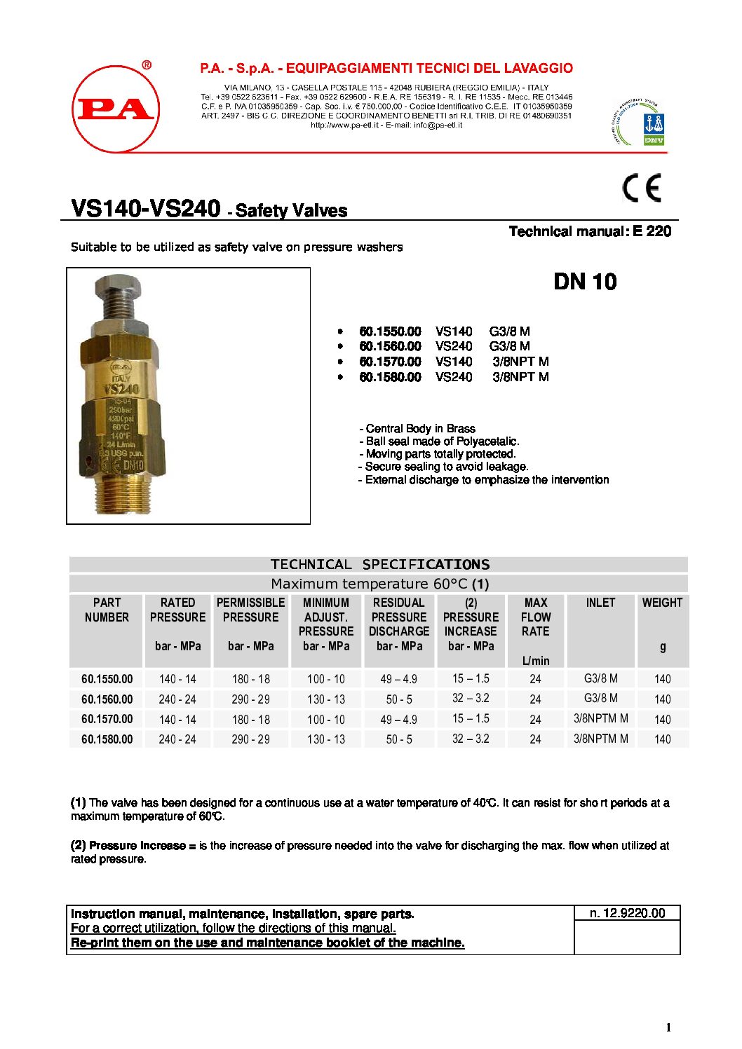 PA VS240 safety valve technical manual