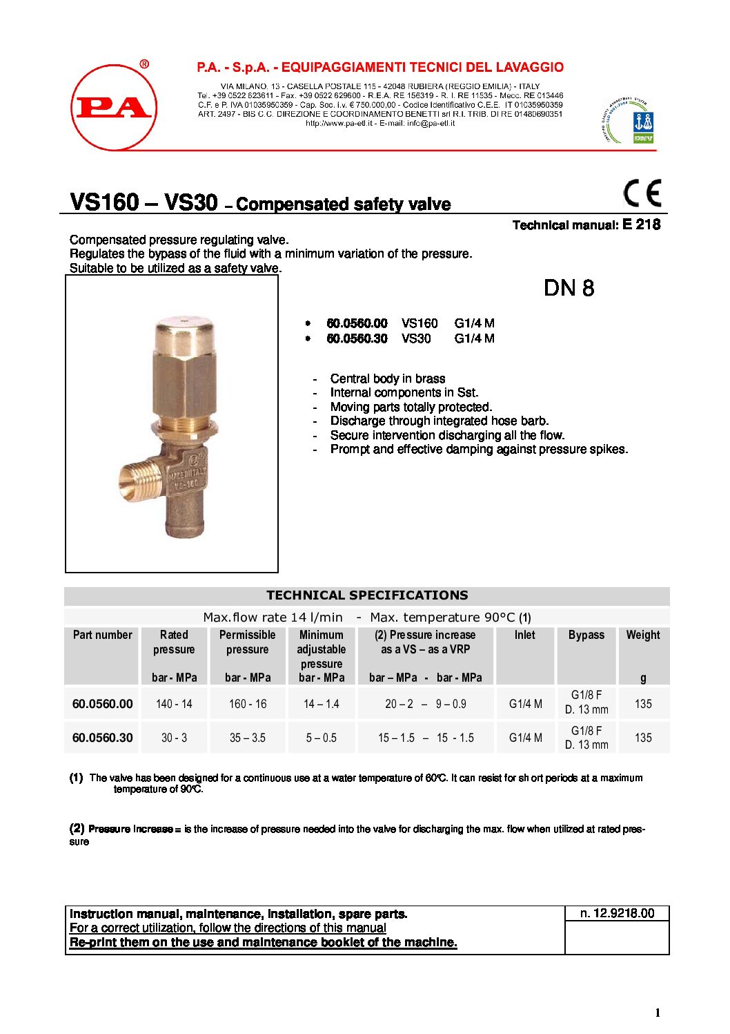 PA VS30 safety valve technical manual