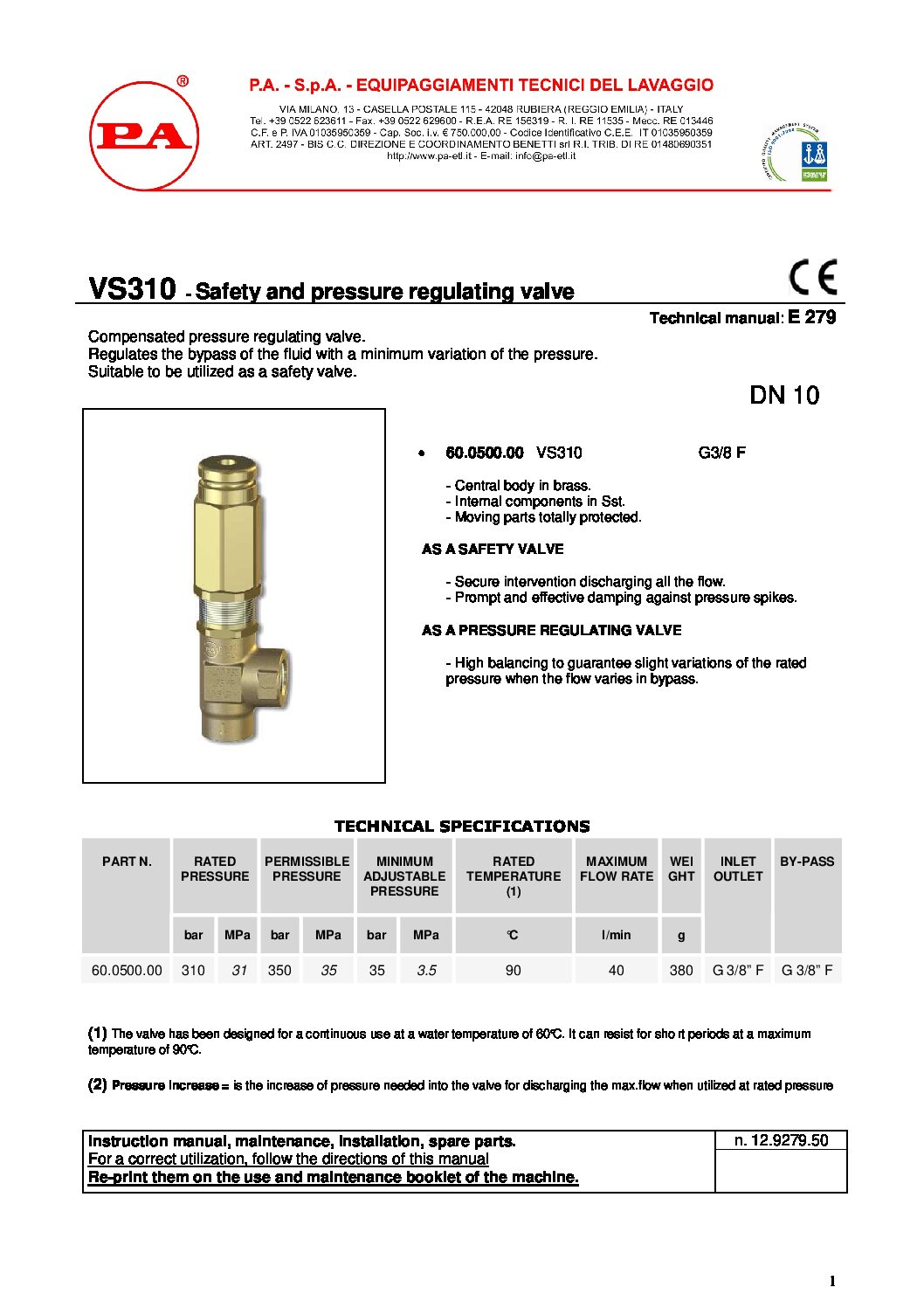 PA VS310 safety valve technical manual