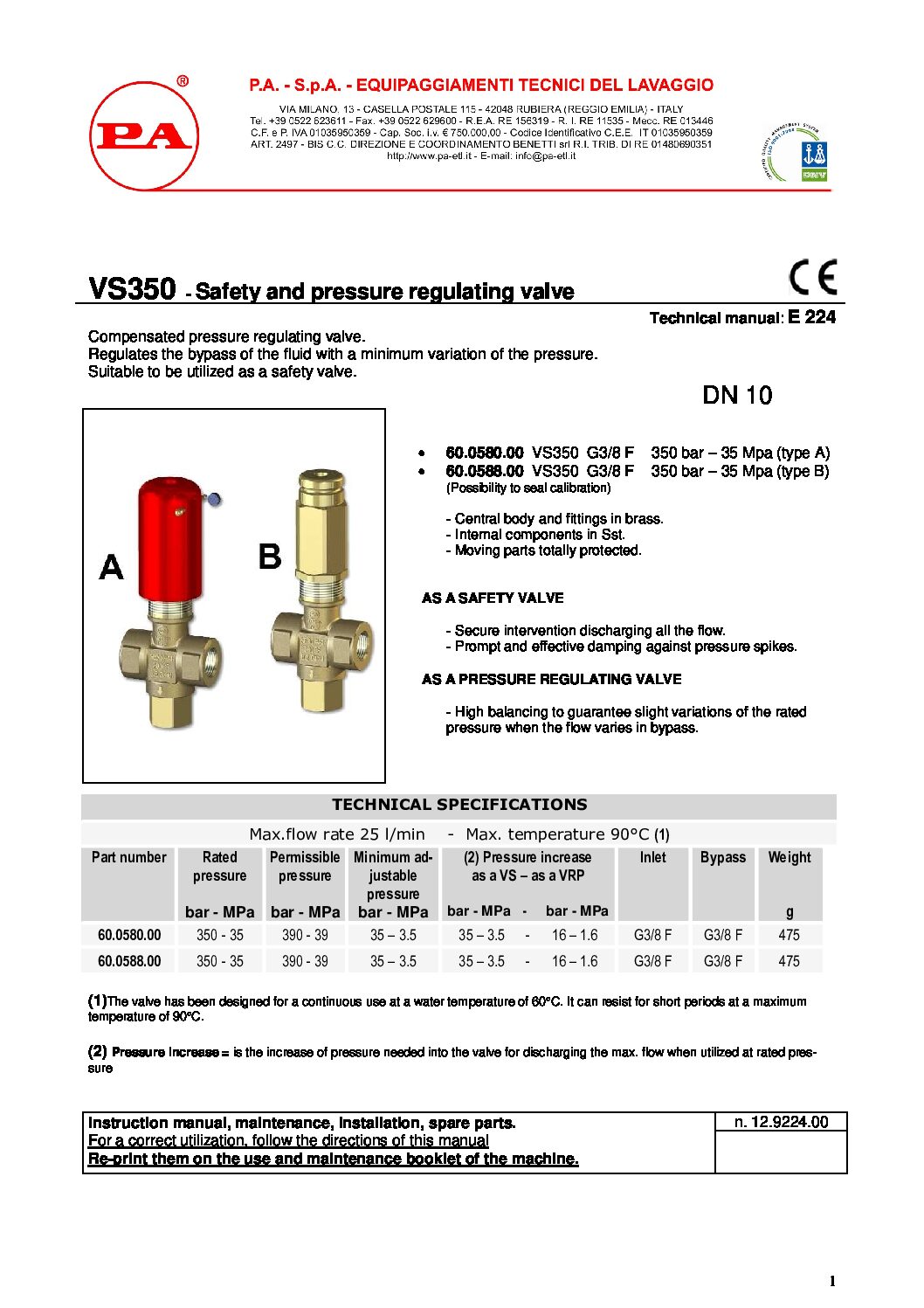 PA VS350 Safety Valve technical manual