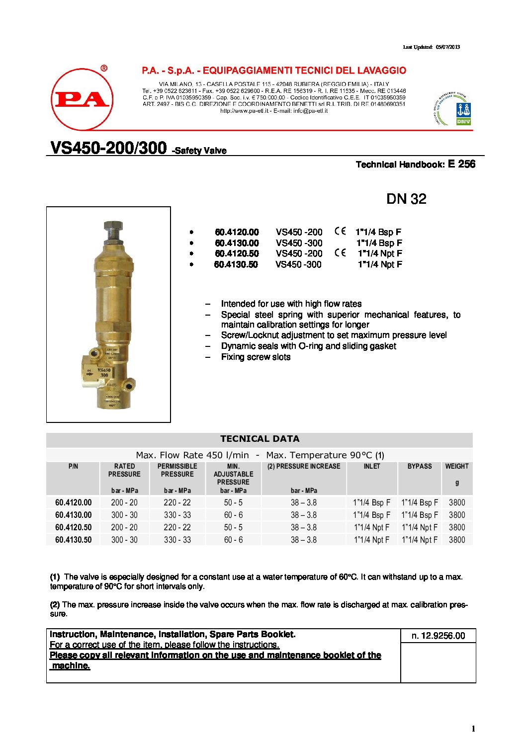 PA VS450 safety valve technical manual