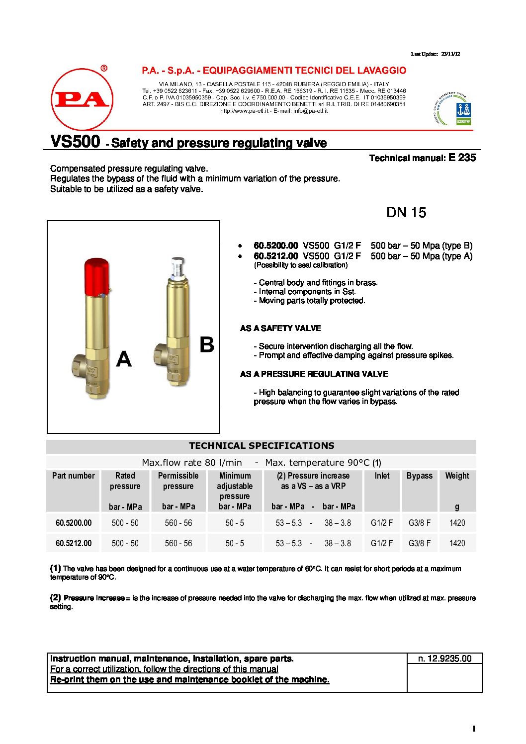 PA VS500 safety valve technical manual