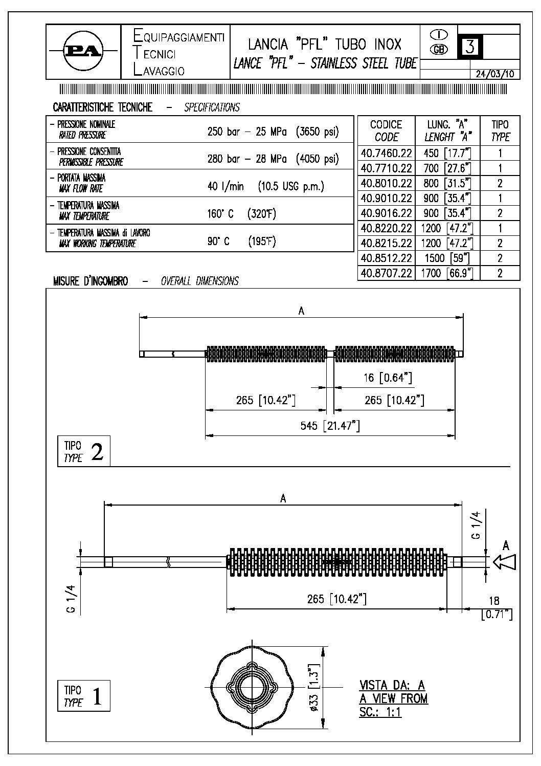PA Stainless Steel Straight Tube Lance technical information