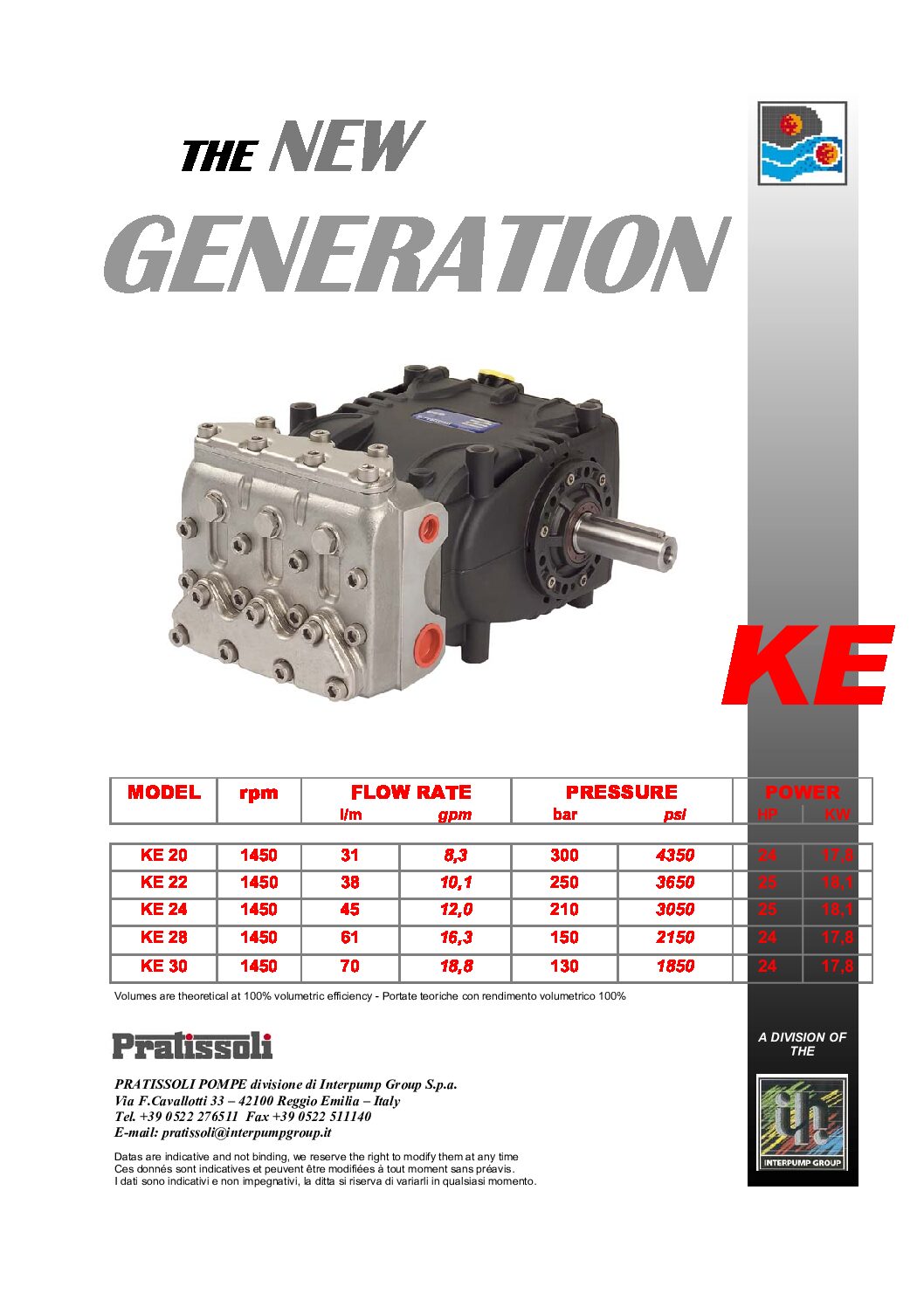 Pratissoli KE Series Plunger Pumps Spec. Sheet