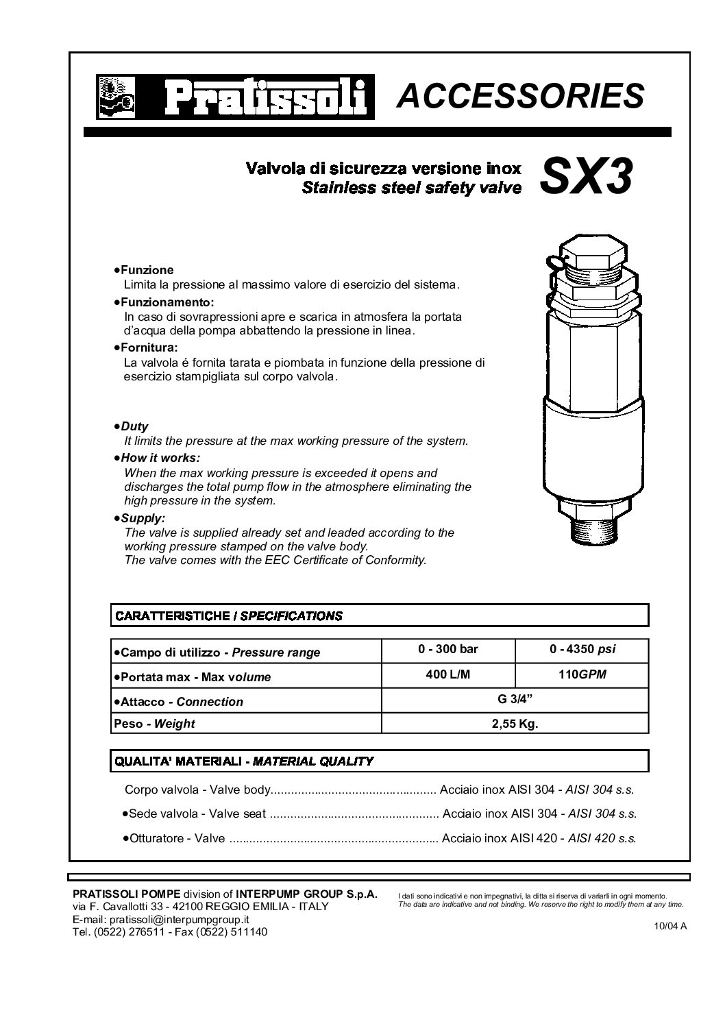 Pratissoli SX3 Safety Valve technical data