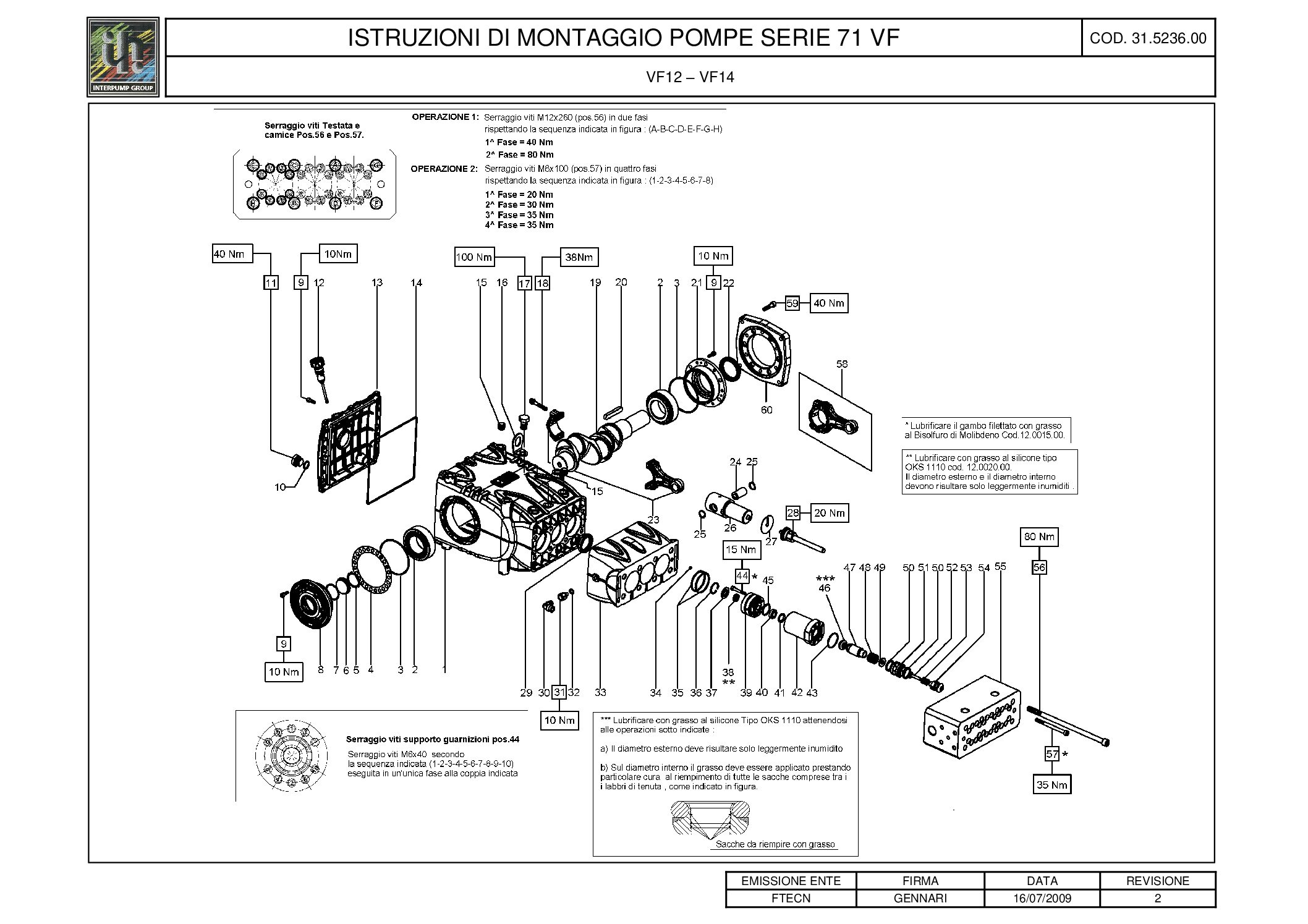 Pratissoli VF Series Plunger Pump Torque Specs.