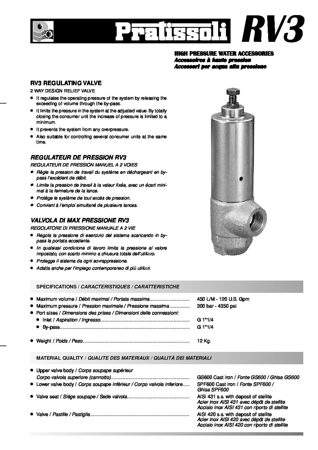 Pratissoli RV3 Regulating valve technical data