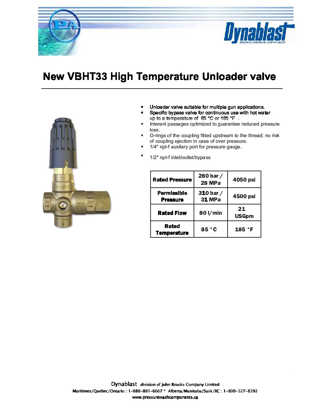 PA VBHT33 High Temperature Unloader Valve sell sheet