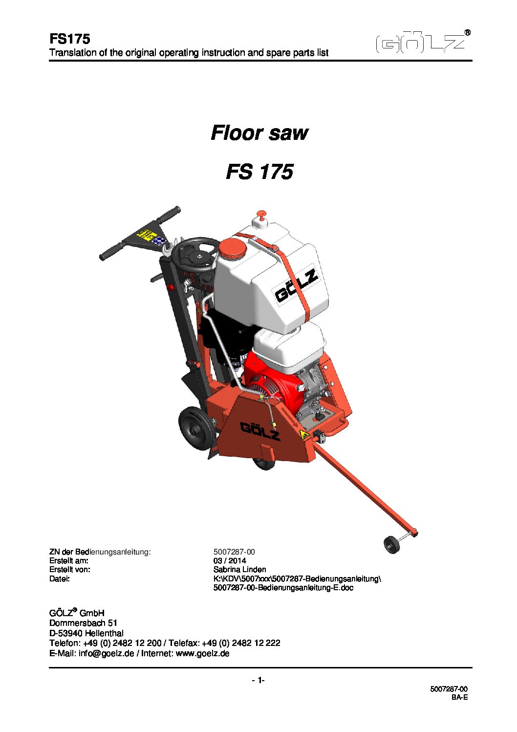 Golz Floor Saw GOFS175-18” Users Guide English
