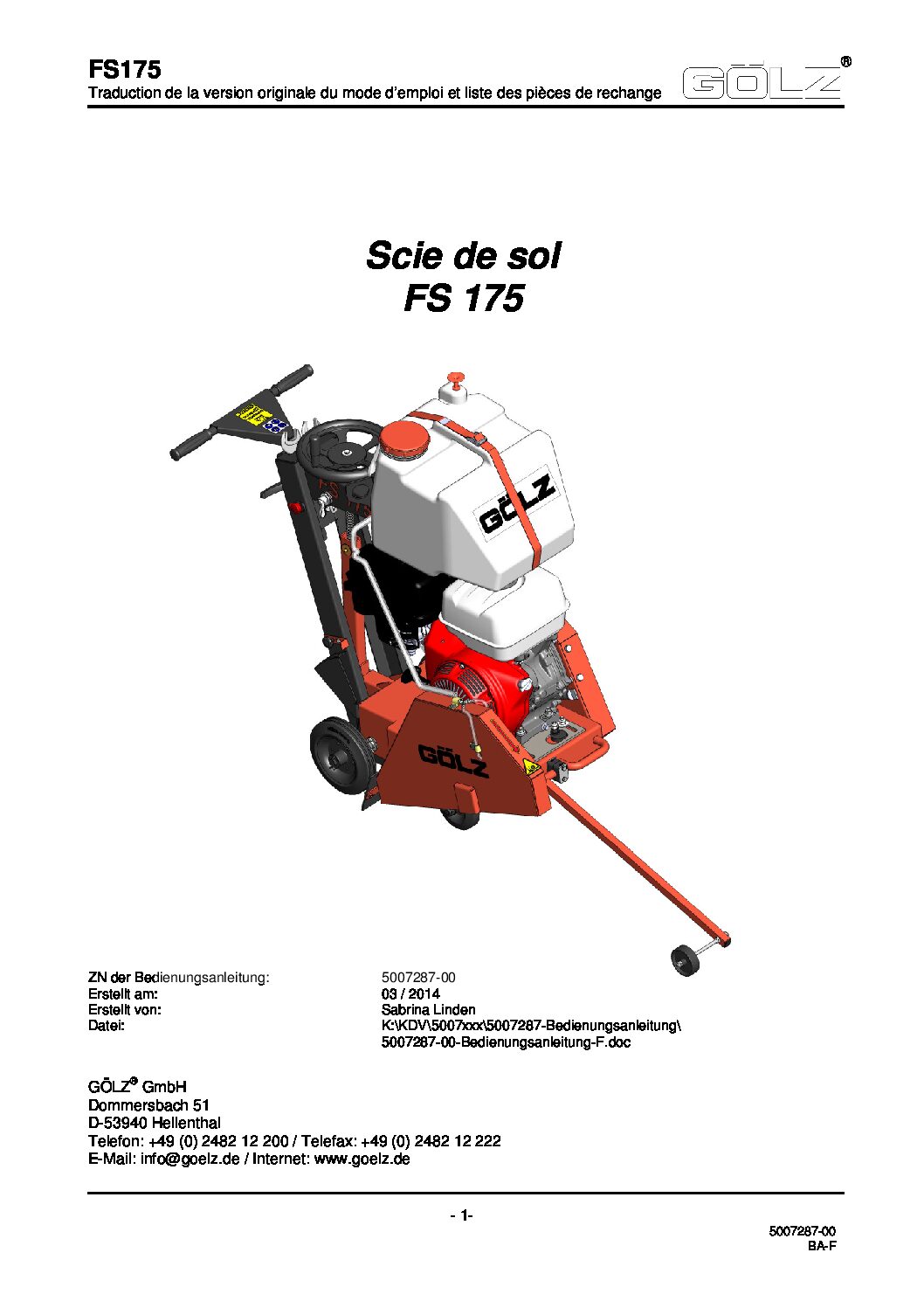 Golz Floor Saw GOFS175-18” Users Guide French