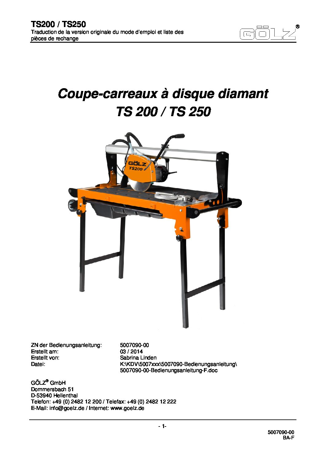 Golz Table Saw GOTS250 Users Guide French
