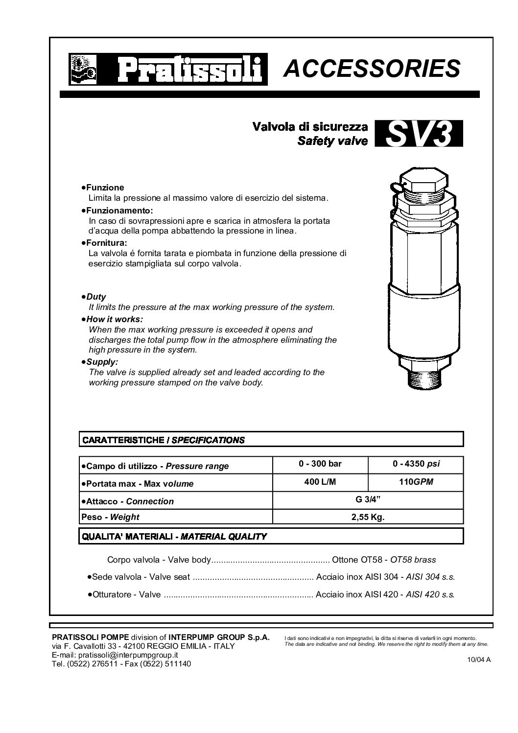 Pratissoli SV3 Safety Valve technical data
