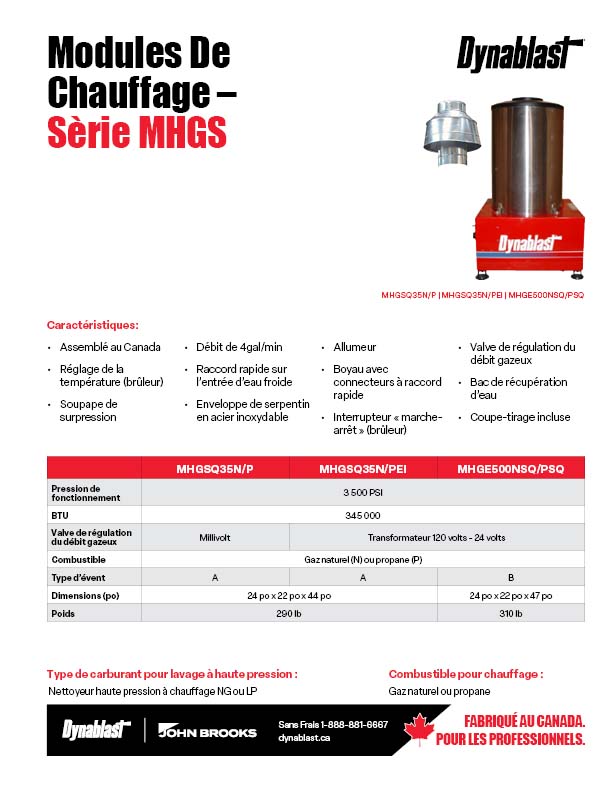 Dynablast Spécs série MHGS au gaz naturel/propane